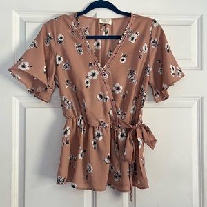 Sienna Sky Pink Floral V Neck Blouse With Flowy Sleeves And Tie Waist